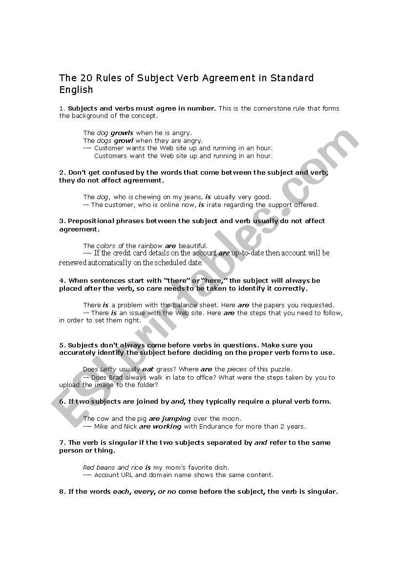 Subject Verb Agreement worksheet