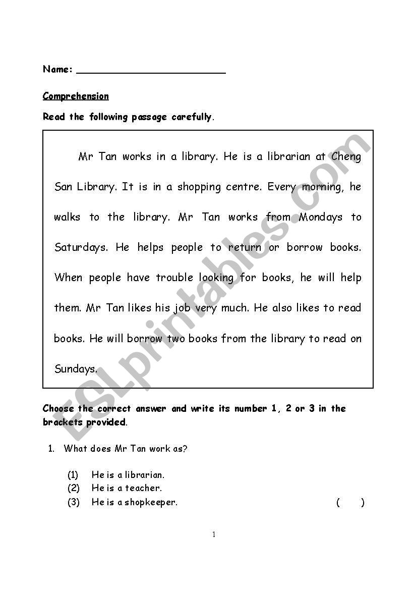 Comprehension worksheet