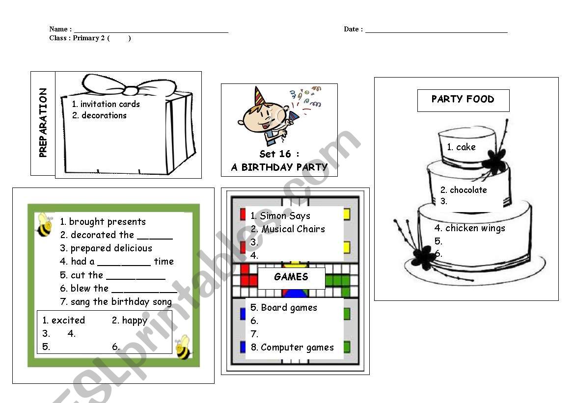 Mindmap on A Birthday Party worksheet