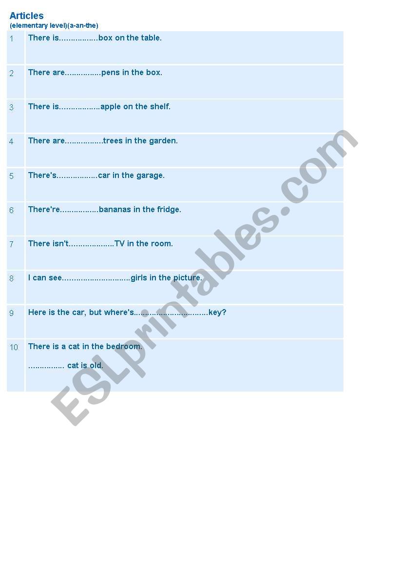 articles worksheet