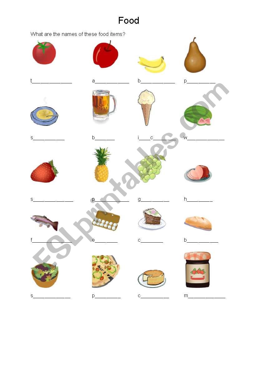 food items worksheet