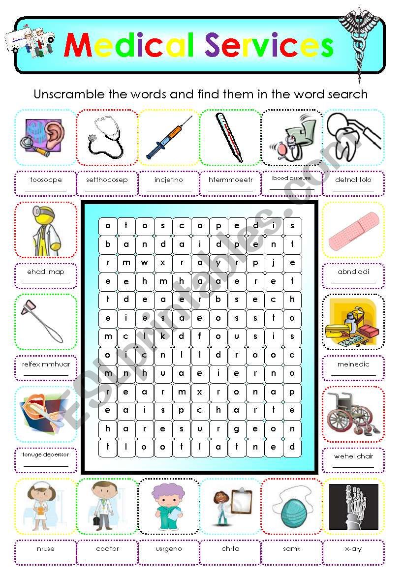 MEDICAL SERVICES - PART 2= UNSCRAMBLE WORDS + WORD SEARCH