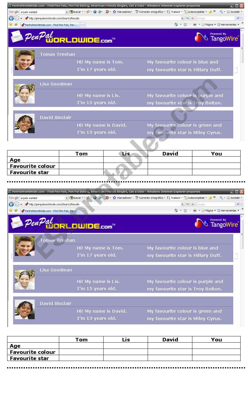 pen pals worksheet