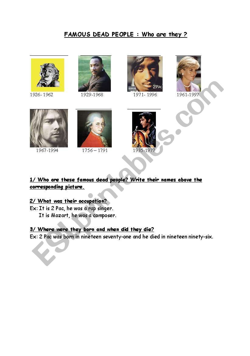 Famous dead people worksheet