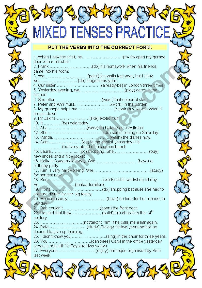 Mixed tenses practice - 27 sentences to complete