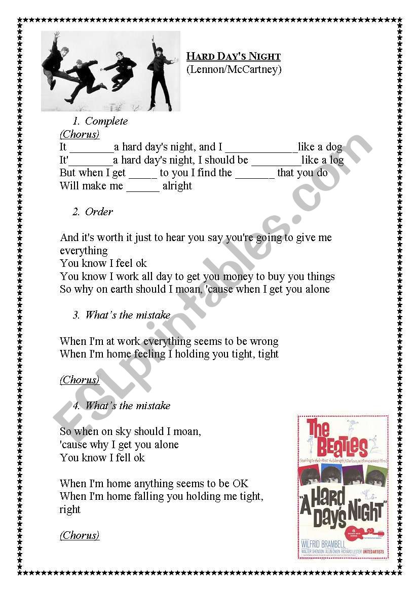 hard days night worksheet