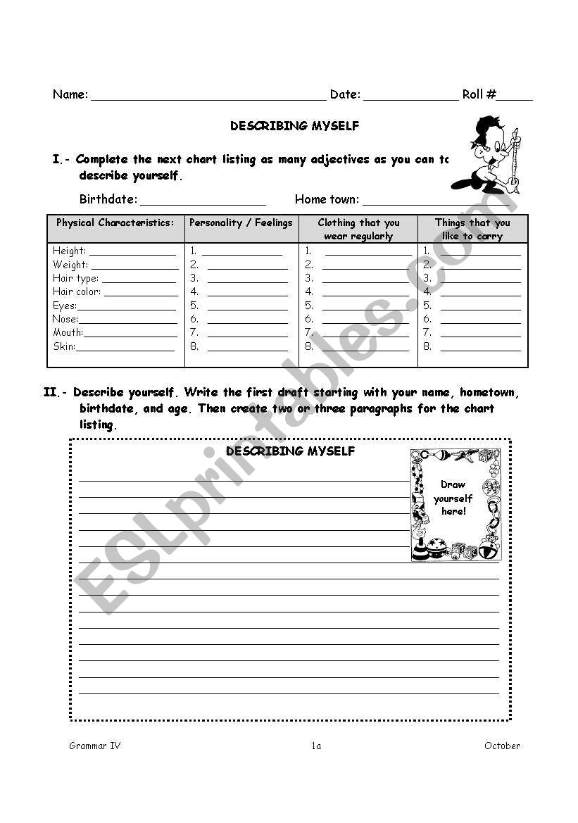 Describing Myself First Draft worksheet