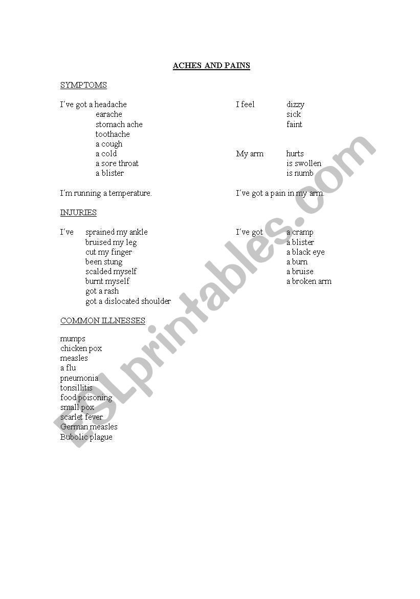 Aches and Pains worksheet