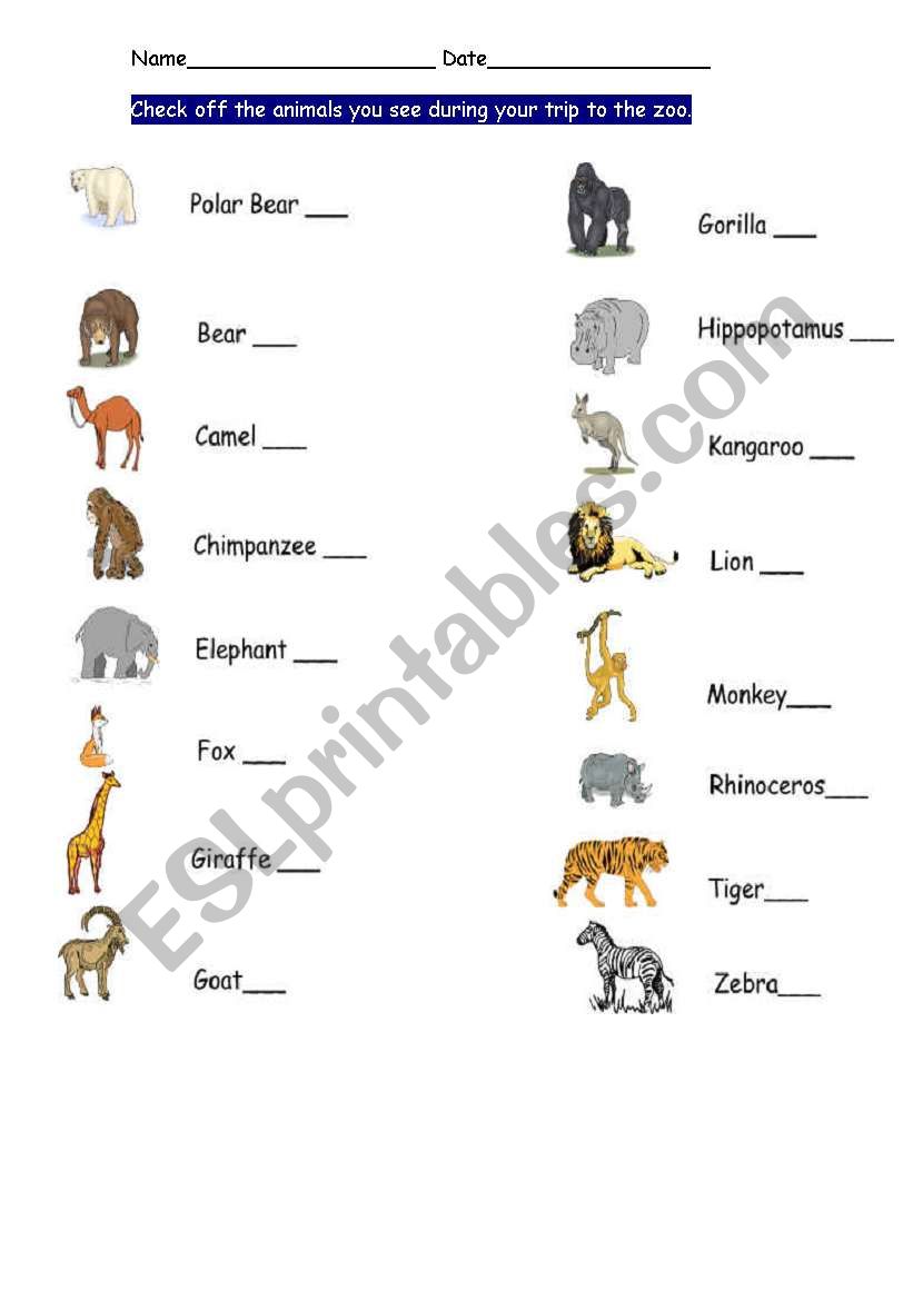 Animals you see in the Zoo worksheet