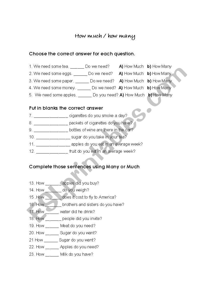 How much and How many worksheet