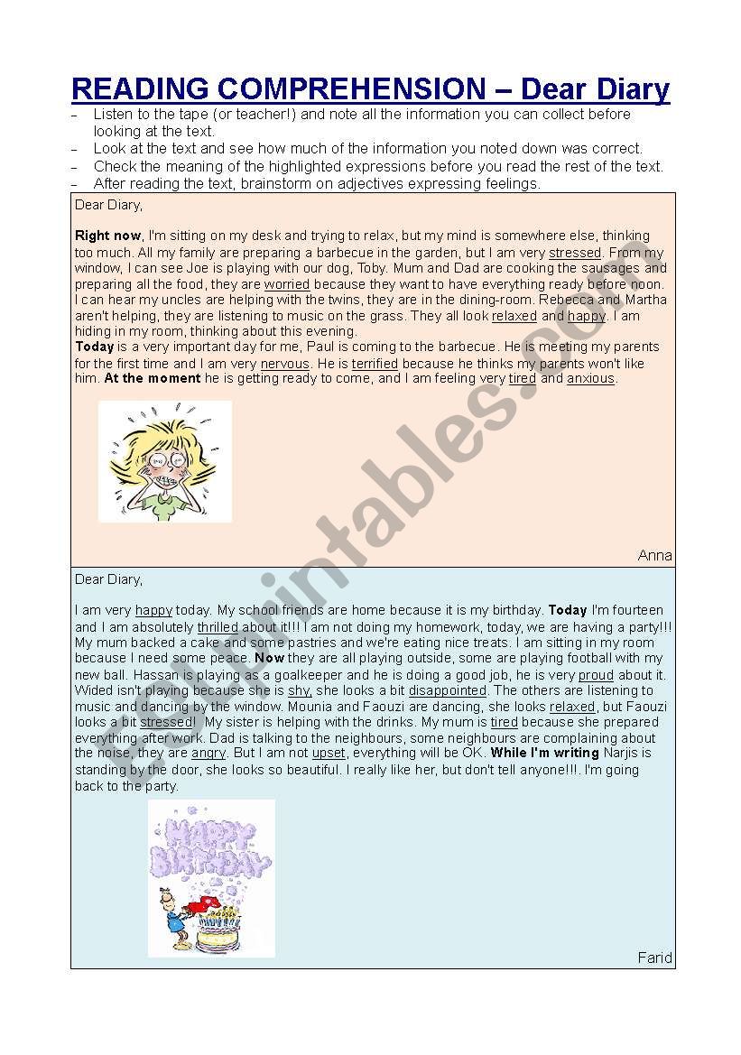 present continuous and feelings - 6 pages with texts, questions, vocabulary and grammar.