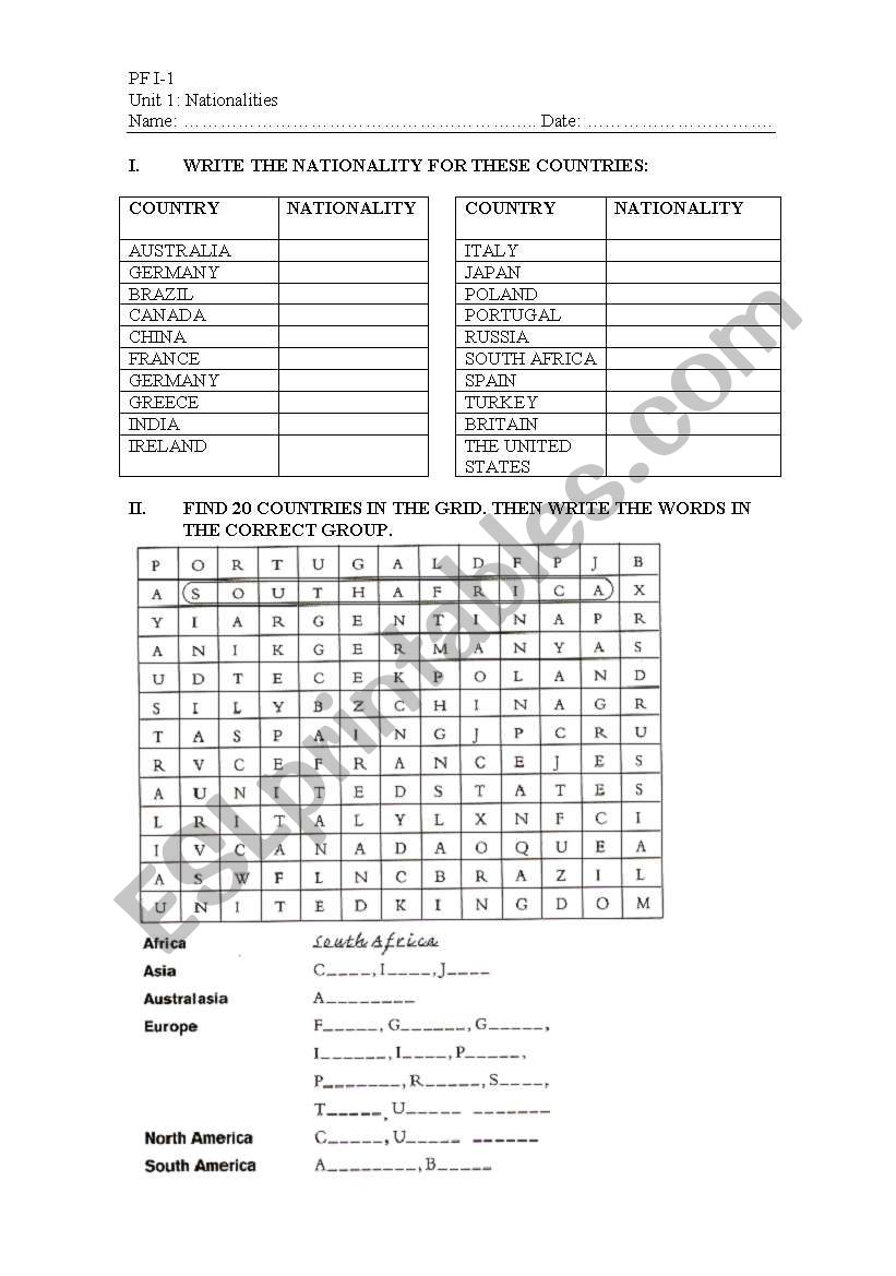 nationalities worksheet