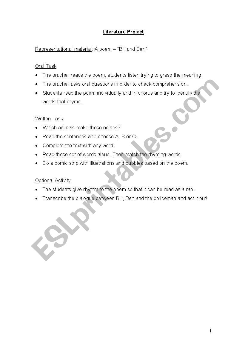 Literature Project worksheet