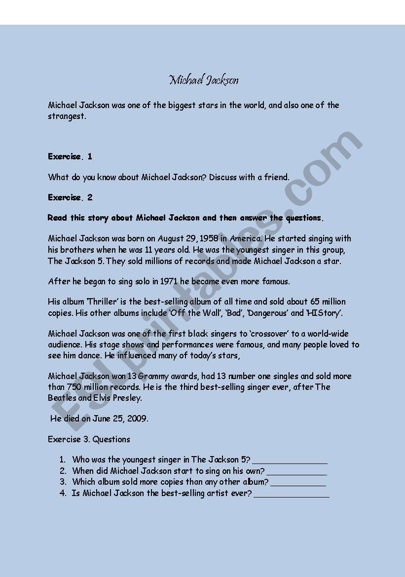 Michael Jackson worksheet