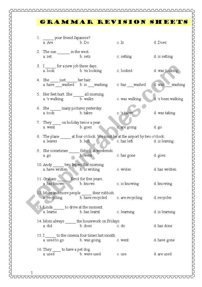 Grammar Revision Sheets worksheet