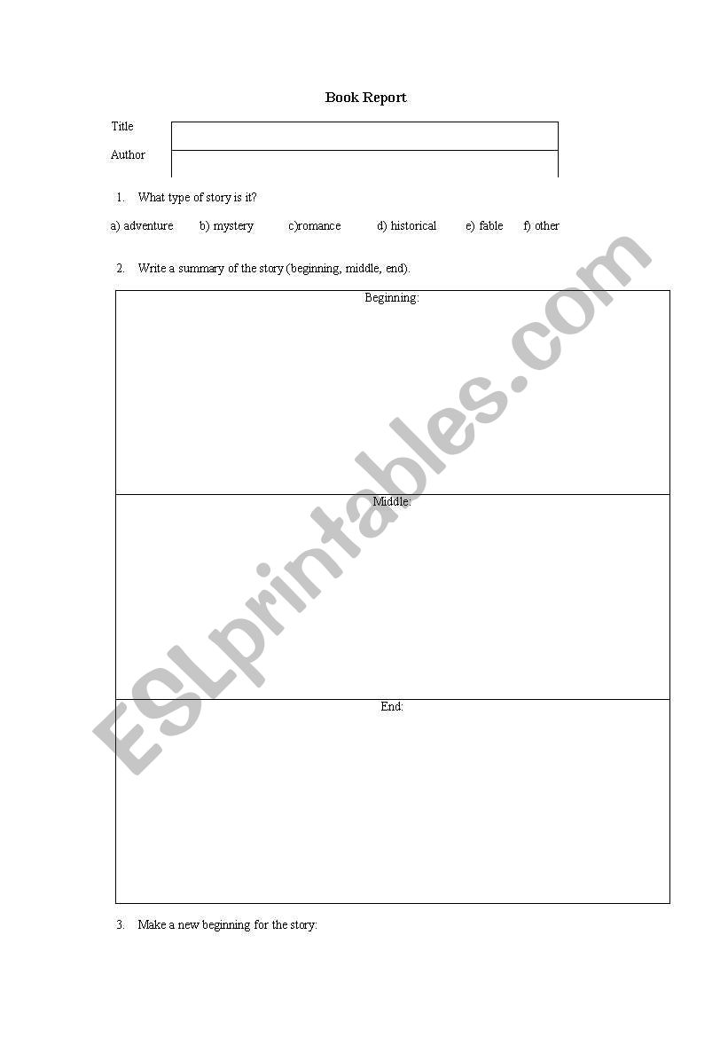 Book Report worksheet