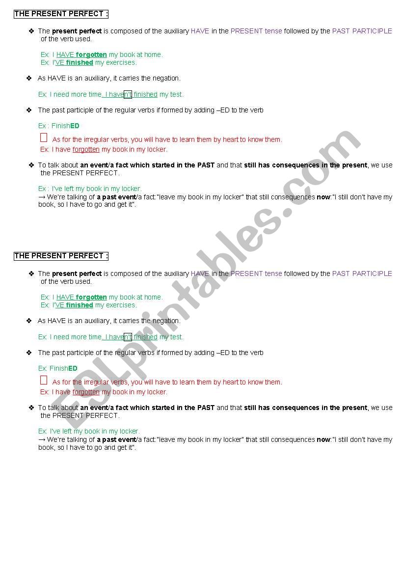 The present perfect worksheet