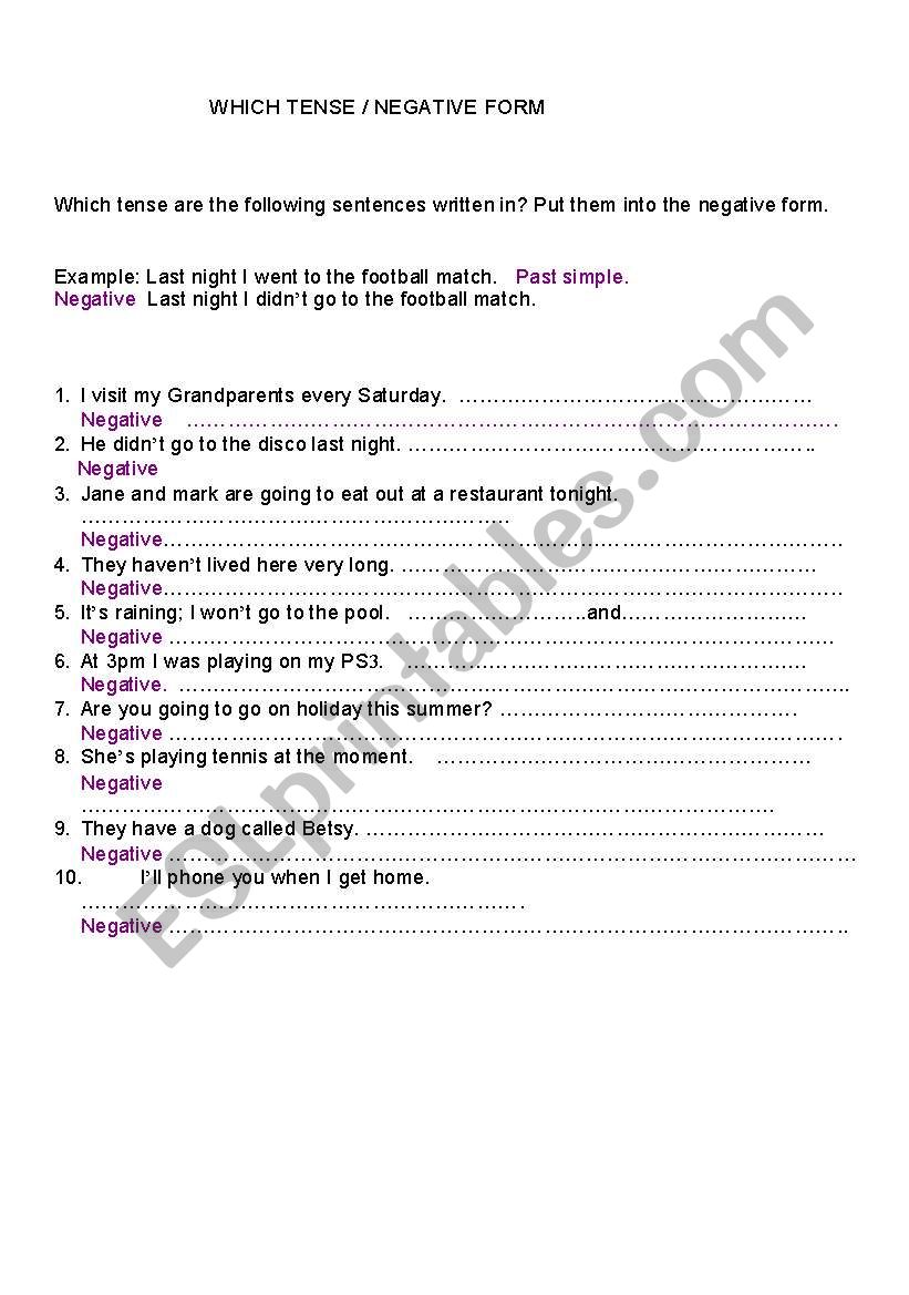 WHICH TENSE/ NEGATIVE FORM worksheet