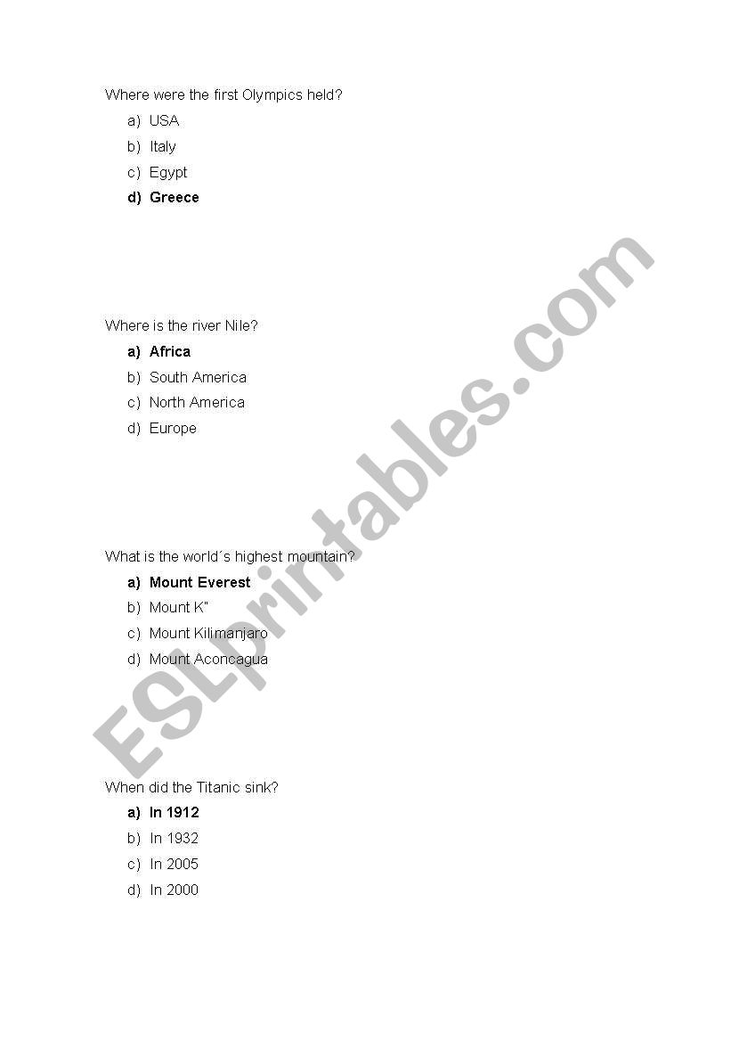 2nd part of trivial questions worksheet