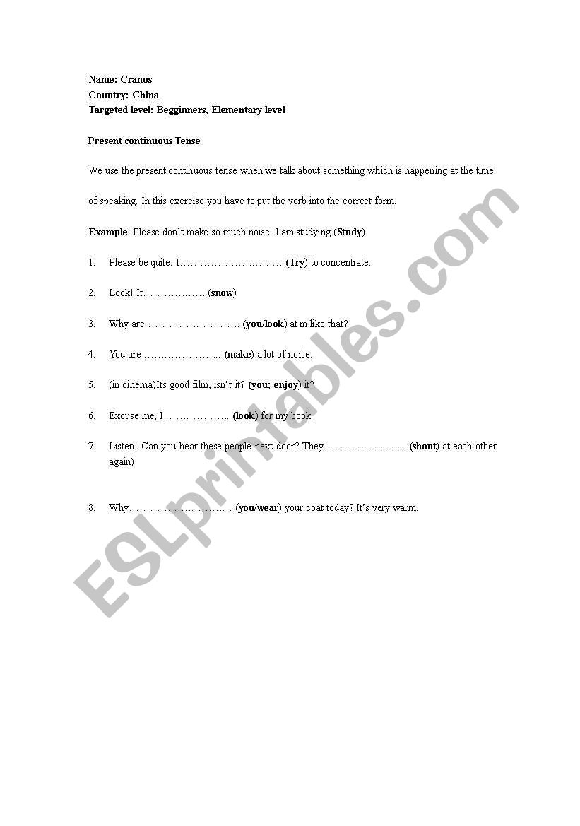Present Continuos Exercise worksheet