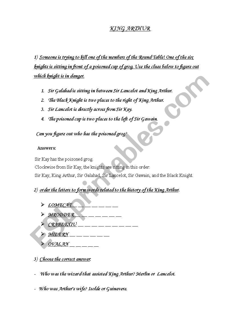 King Arthur activities worksheet