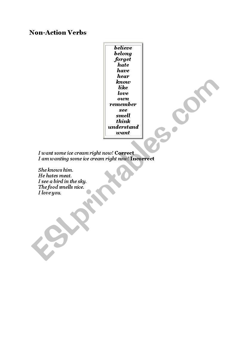 Non Action Verbs  worksheet