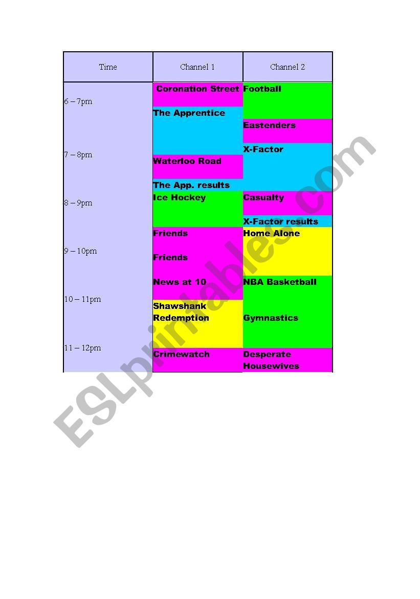 T V timetable worksheet
