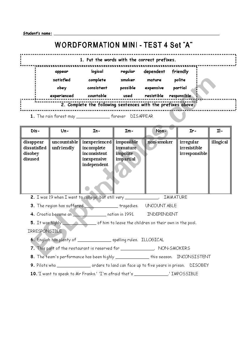 Wordformation test key worksheet