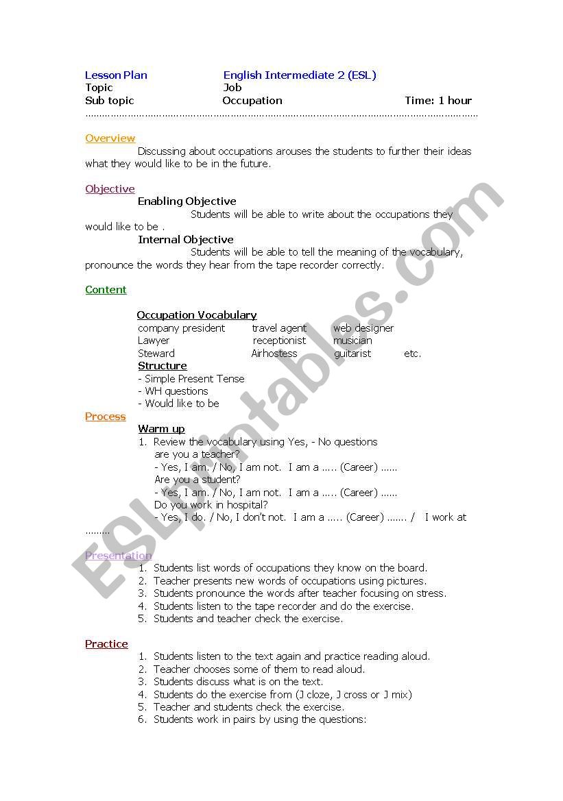 English Worksheets Job Lesson Plan For Esl Students