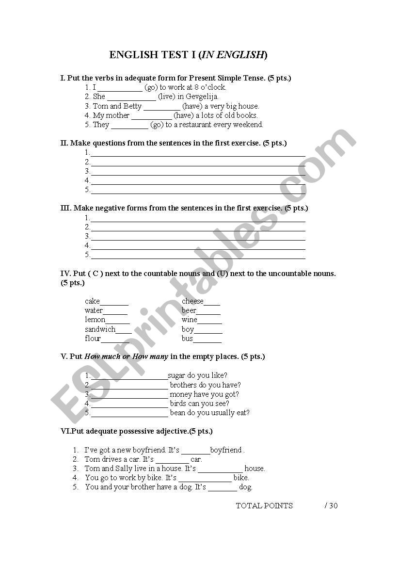 Test elementary for adults worksheet