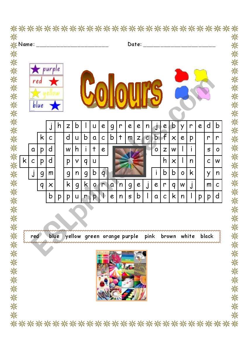 colours wordsearch - with key worksheet