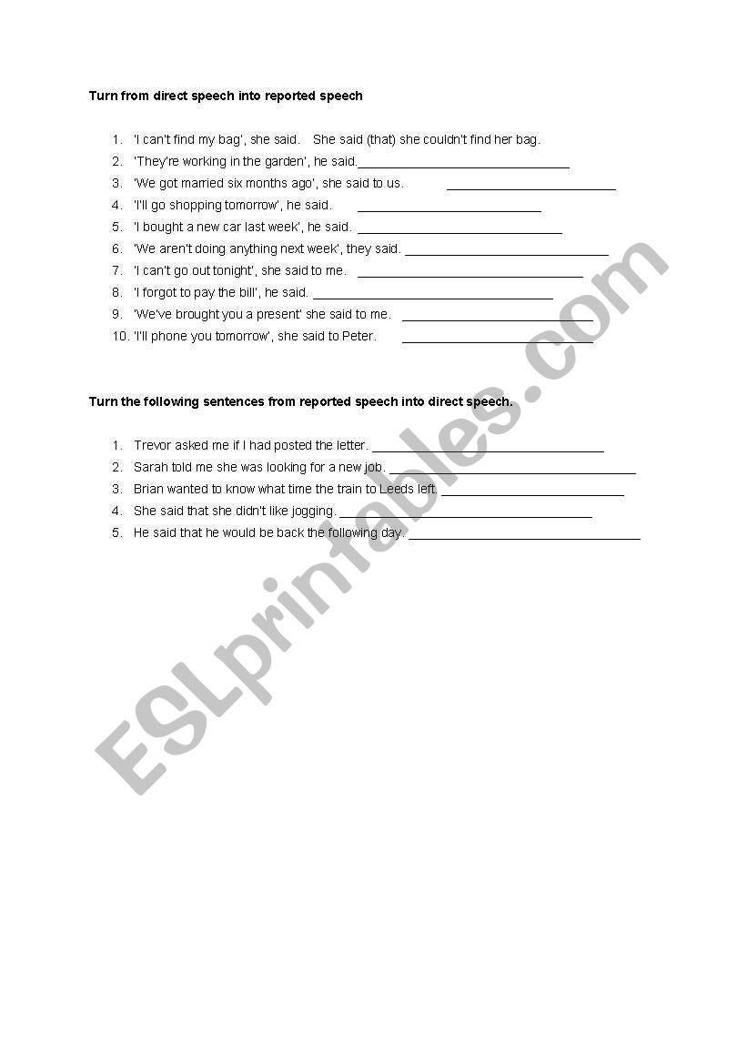 Reported speech worksheet