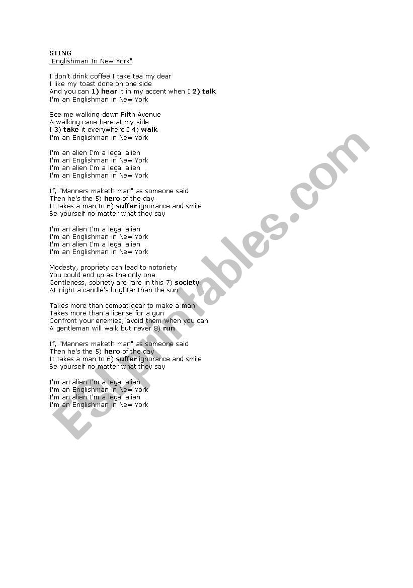 STING Englishman in New York worksheet