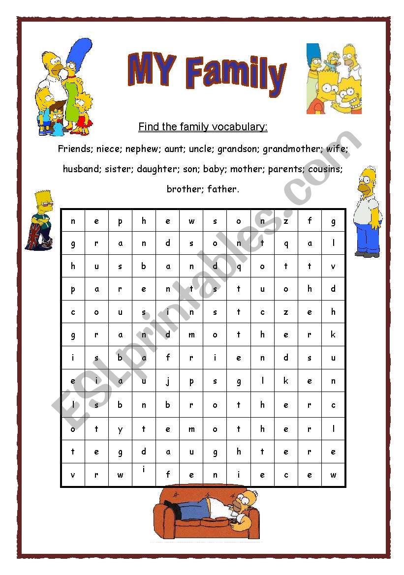Family wordsearch - with key worksheet