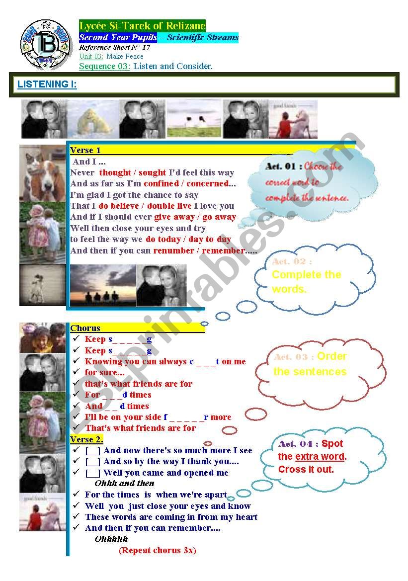 Make Peace Friendship Song That Is What Friends Are For Author Bouabdelleh Esl Worksheet By Goodnesses