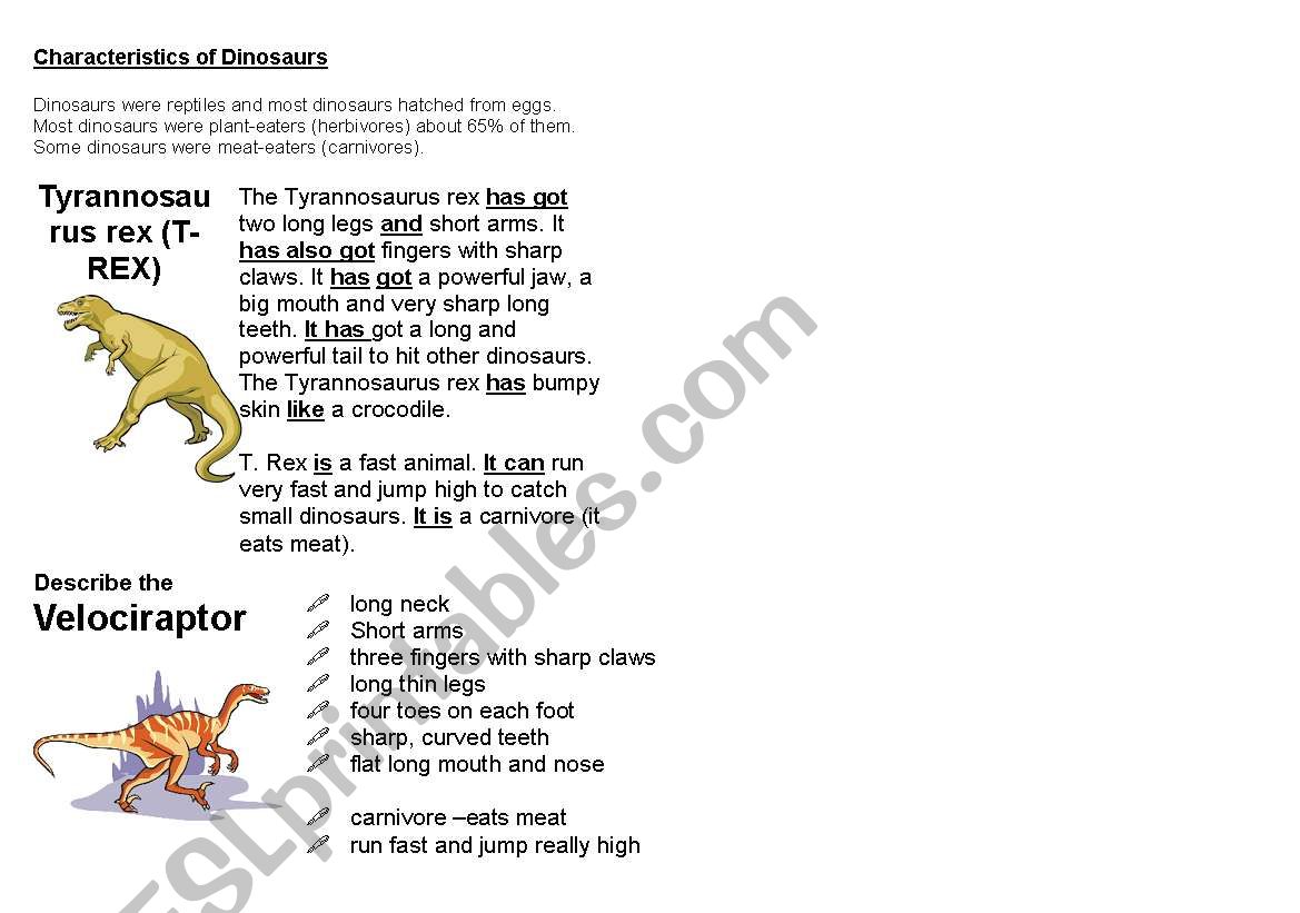 Reading Comprehension about dinosaurs