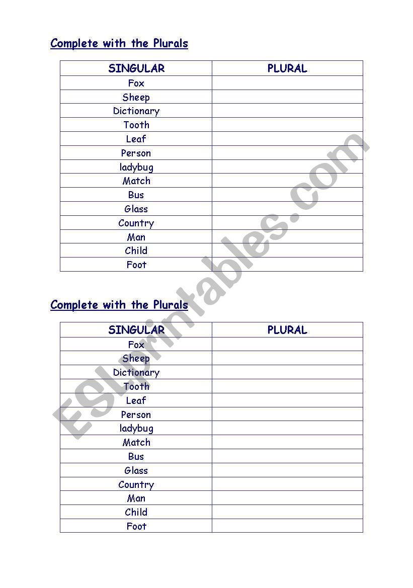 plurals worksheet