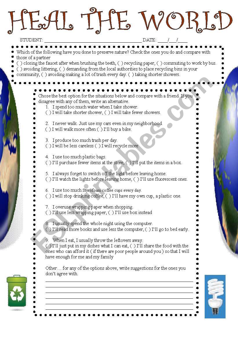 Heal the World worksheet