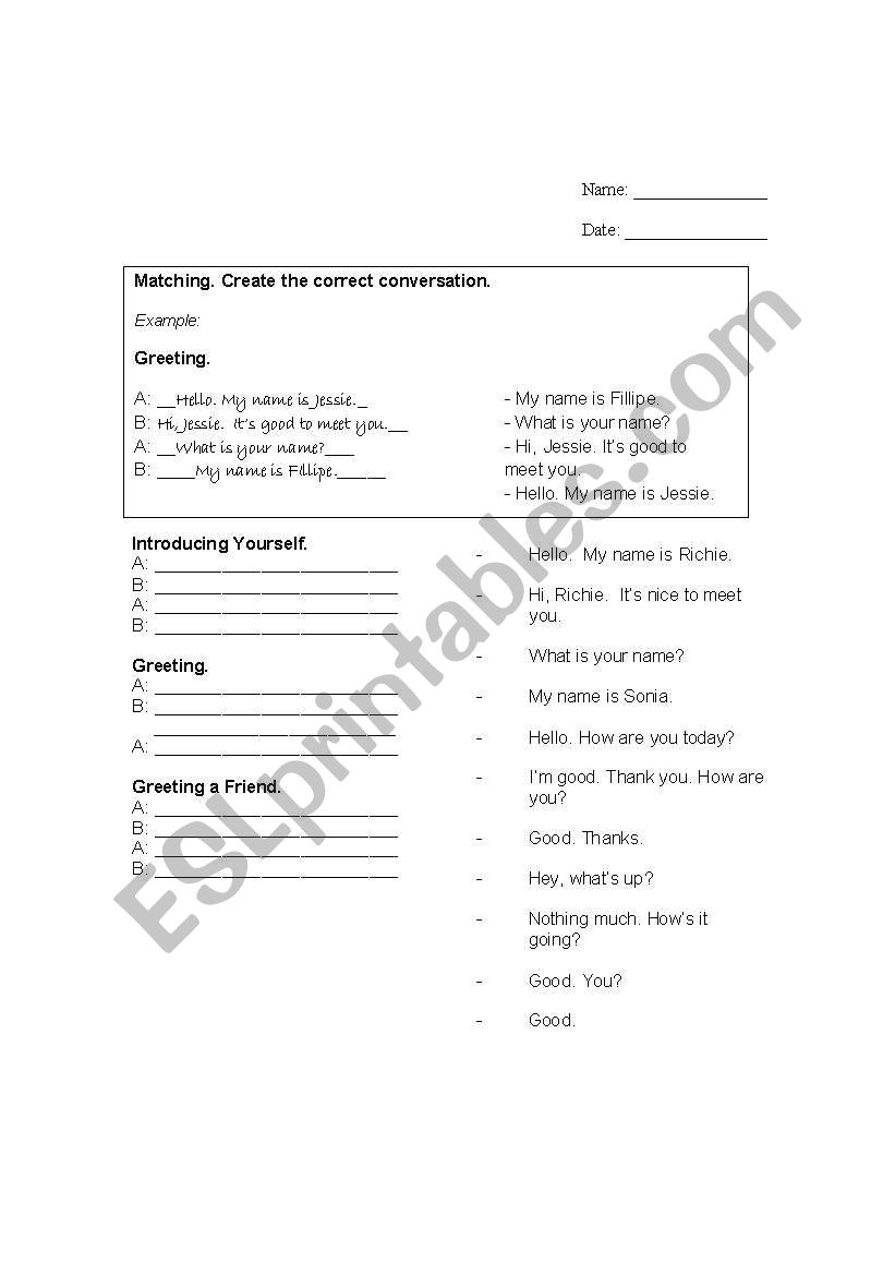 Greetings and Introductions Writing Worksheet