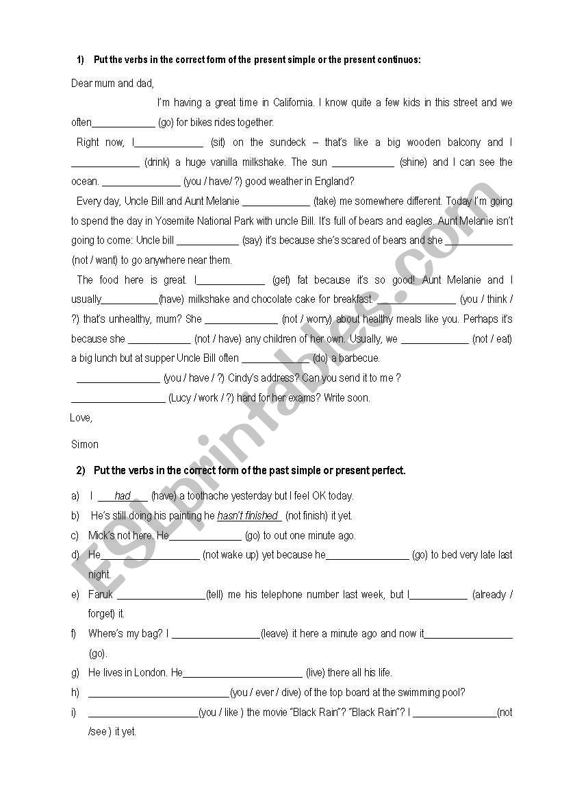 Tense comparison  worksheet