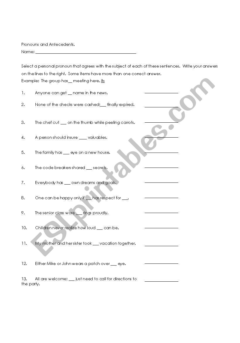 Pronouns and Antecedents worksheet