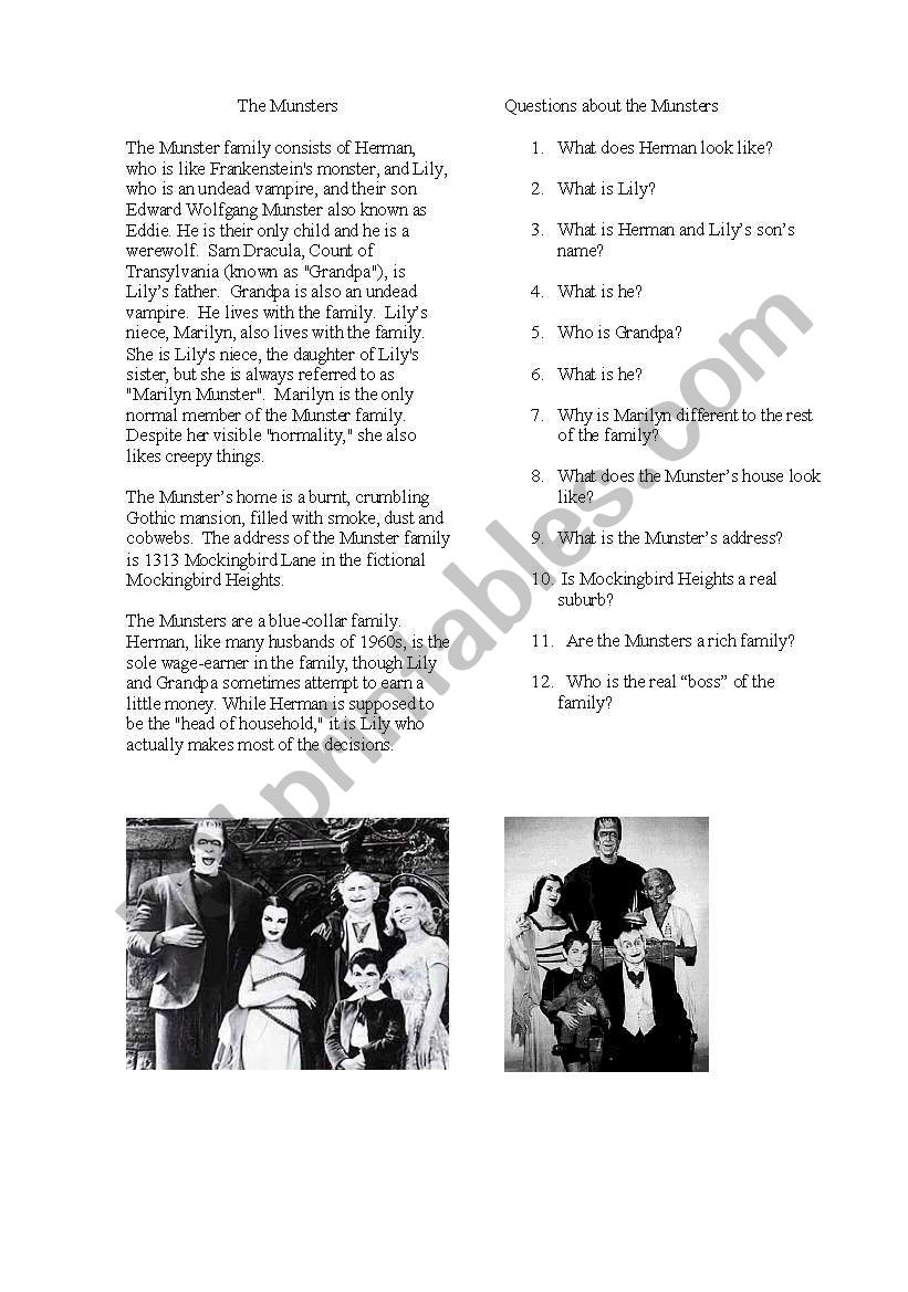 The Munsters worksheet