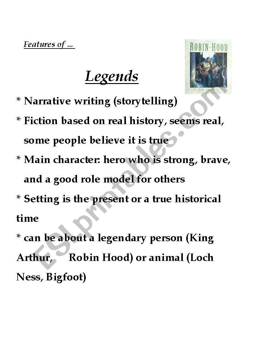 Features of Legends poster worksheet