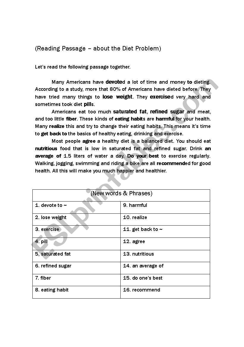 Diet problem worksheet