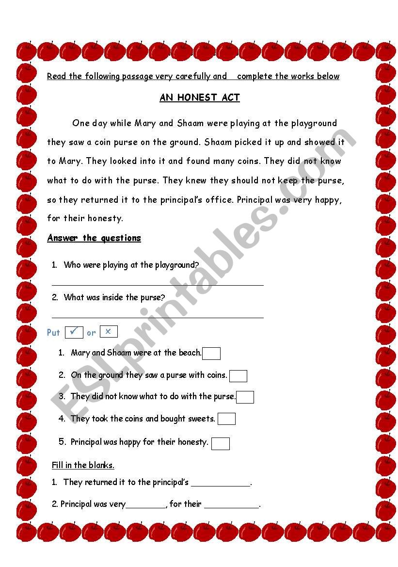 AN HONEST ACT worksheet