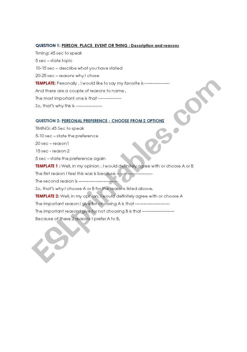 Independent Speaking Task Outlines
