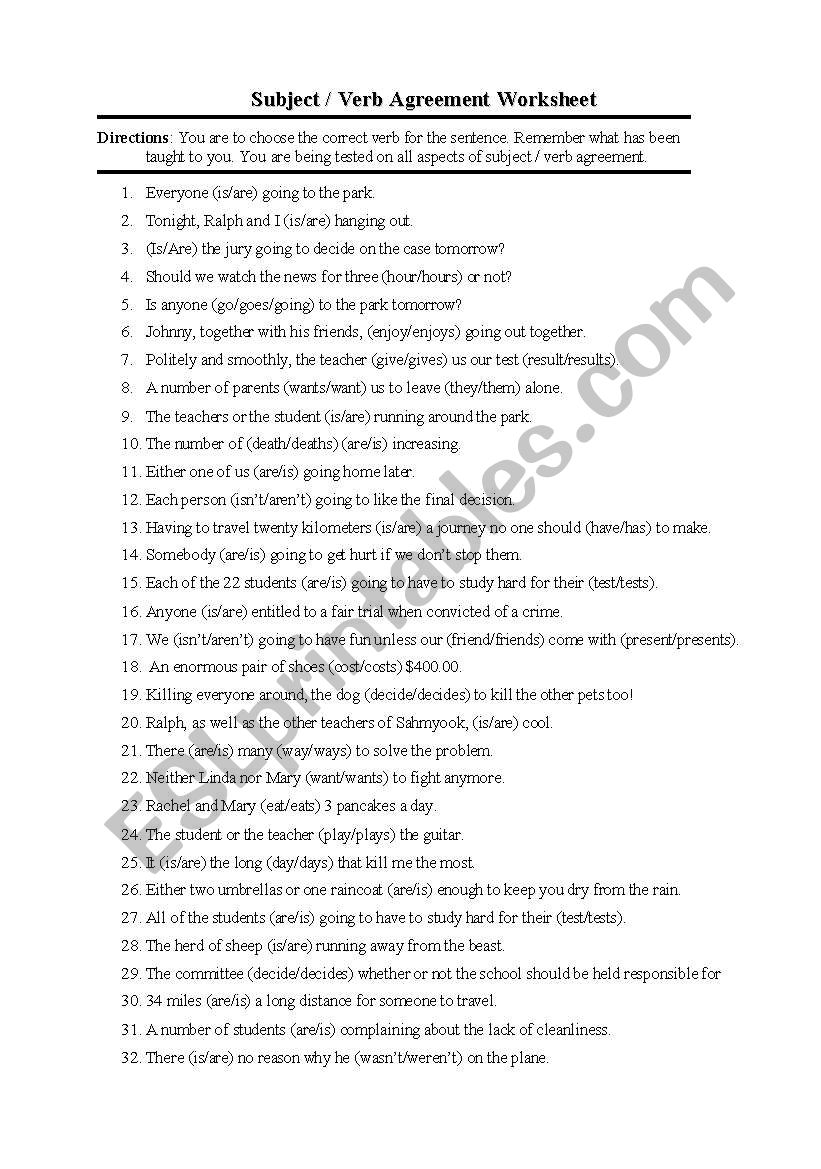 subject verb agreement worksheet