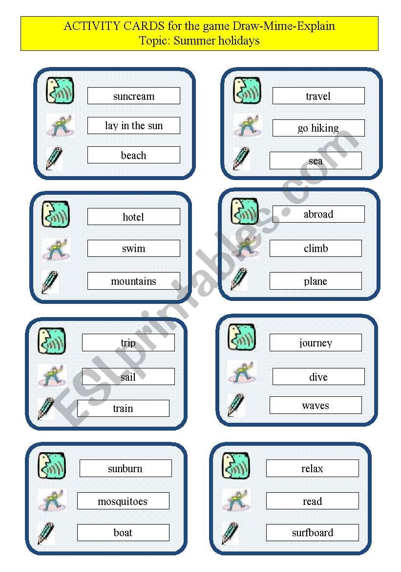 Activity cards for the game:Draw-Mime-Explain-Summer holidays