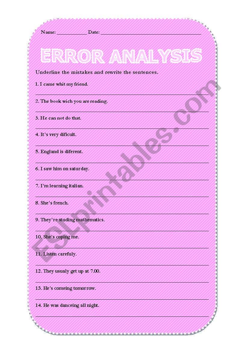 Error Analysis - 50 Sentences to practice error correction (Key included)