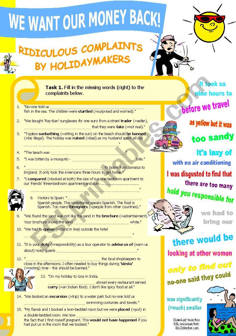 Ridiculous Complaints by Holidaymakers (Vocabulary List+Gap-fill+Vocab Exercises w Solutions)